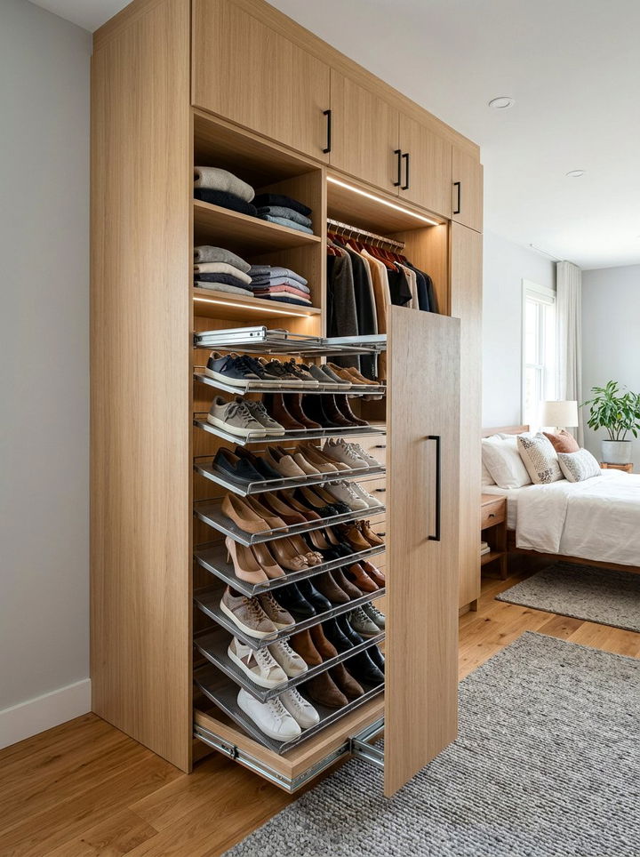 Pull Out Shoe Rack - 30 bedroom built-in storage ideas