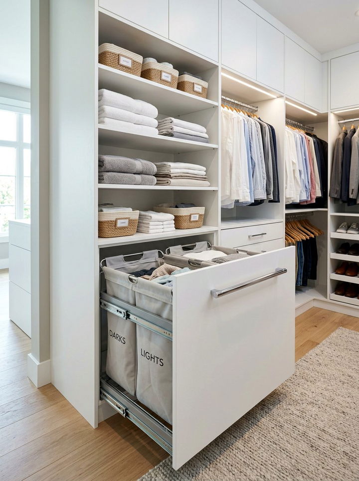 Pull out laundry cabinet - 30 bedroom dirty clothes storage ideas