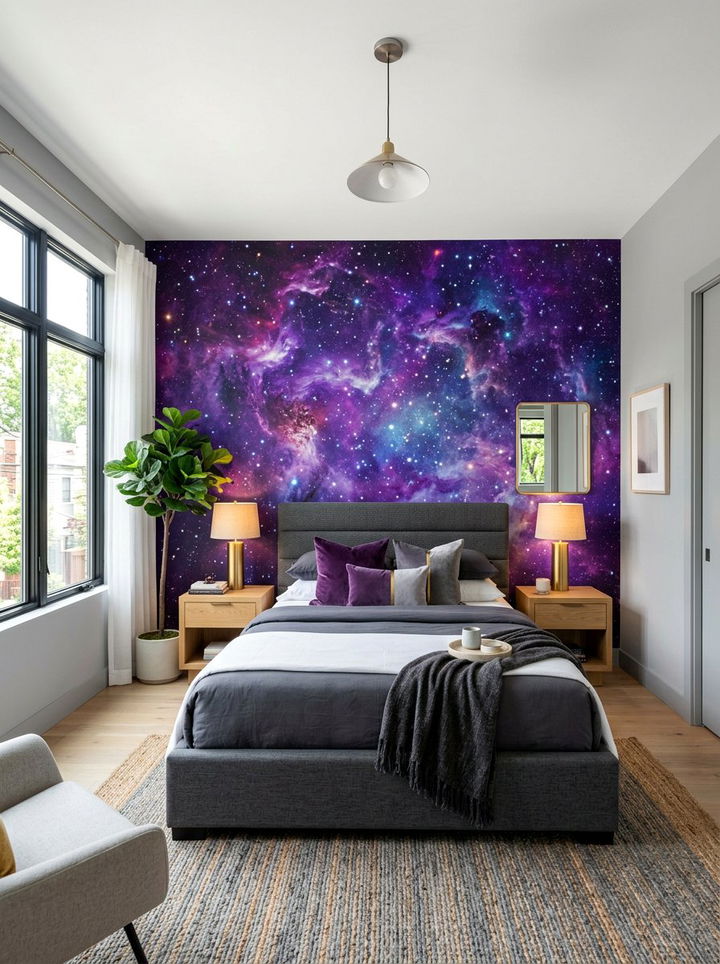 Purple Nebula Accent Wall - 30 galaxy bedroom ideas