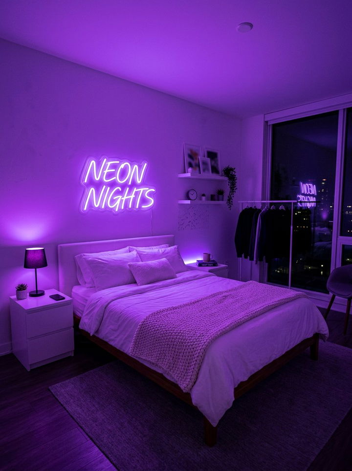 Purple Neon Light Bedroom - 30 purple and white bedroom ideas