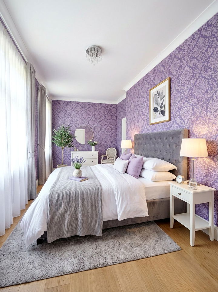 Purple damask wallpaper - 30 bedroom damask wallpapers