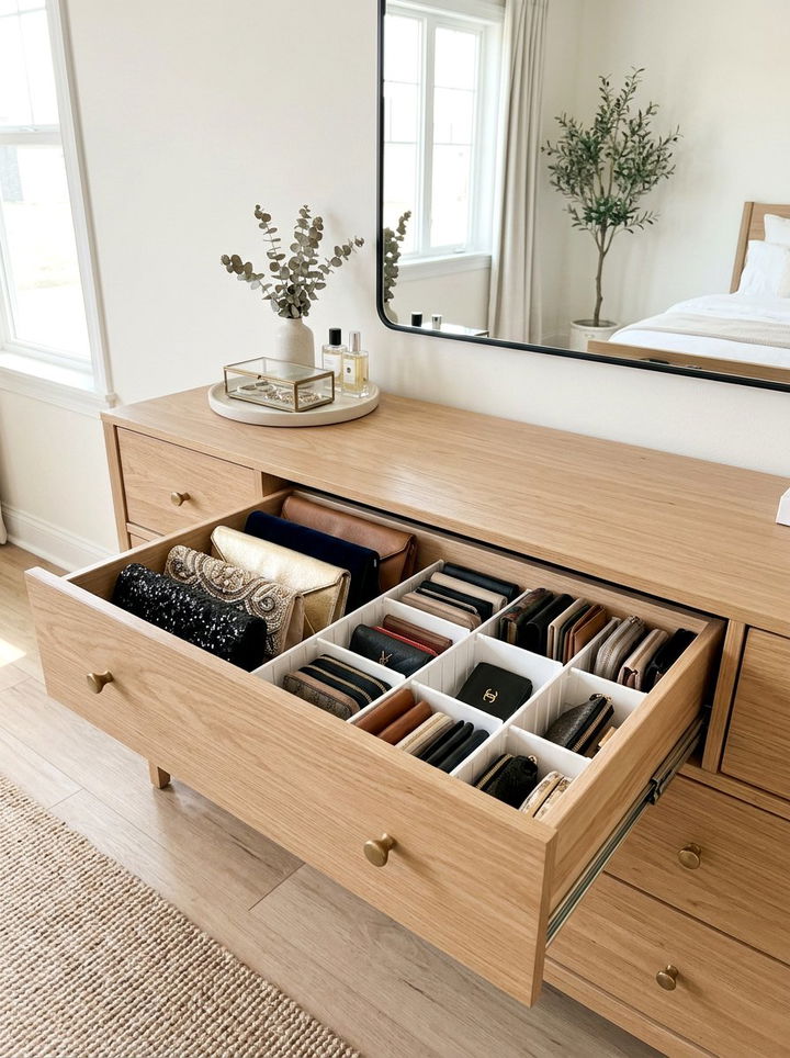 Purse Drawer Dividers - 30 bedroom bag storage ideas