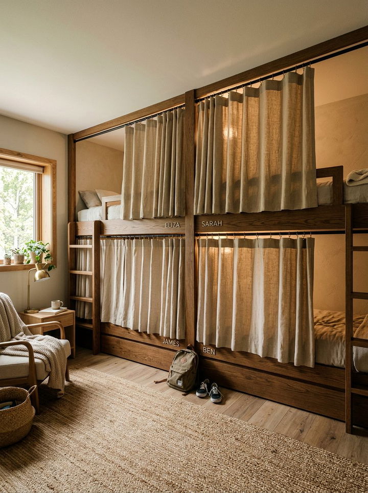 Quad Bunks With Privacy Curtains - 30 quadruple bedroom ideas