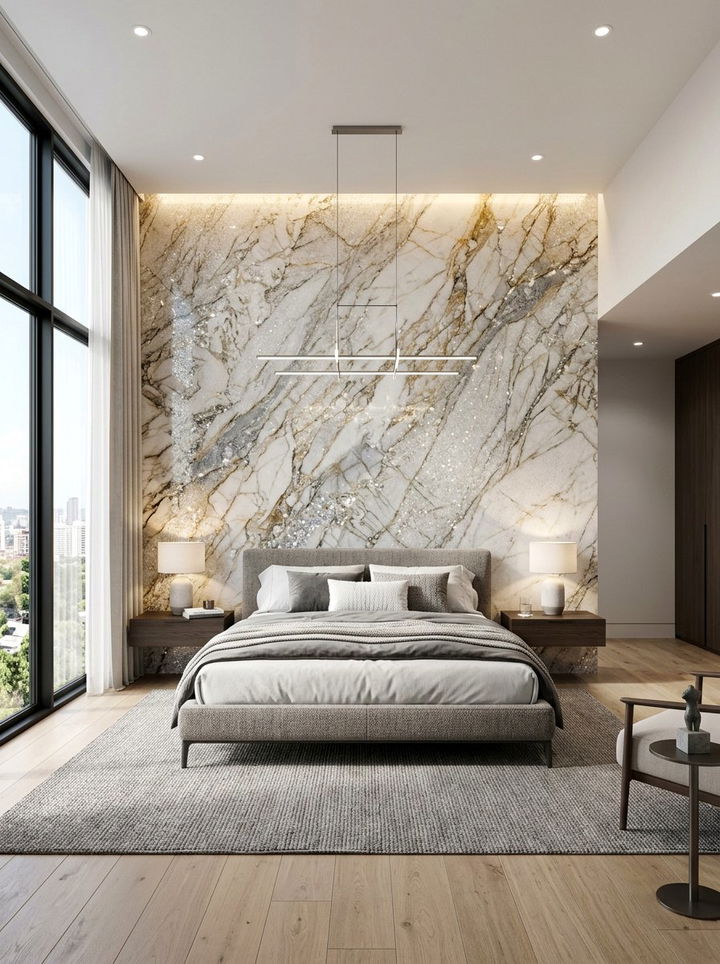 Quartzite Feature Wall - 30 bedroom stone wall ideas