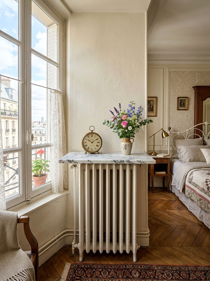 Radiator Shelf - 30 bedroom vertical storage ideas