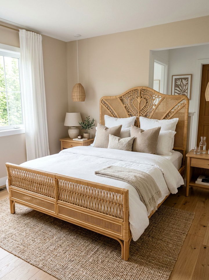 Rattan Bed Frame - 30 bohemian beige bedroom ideas