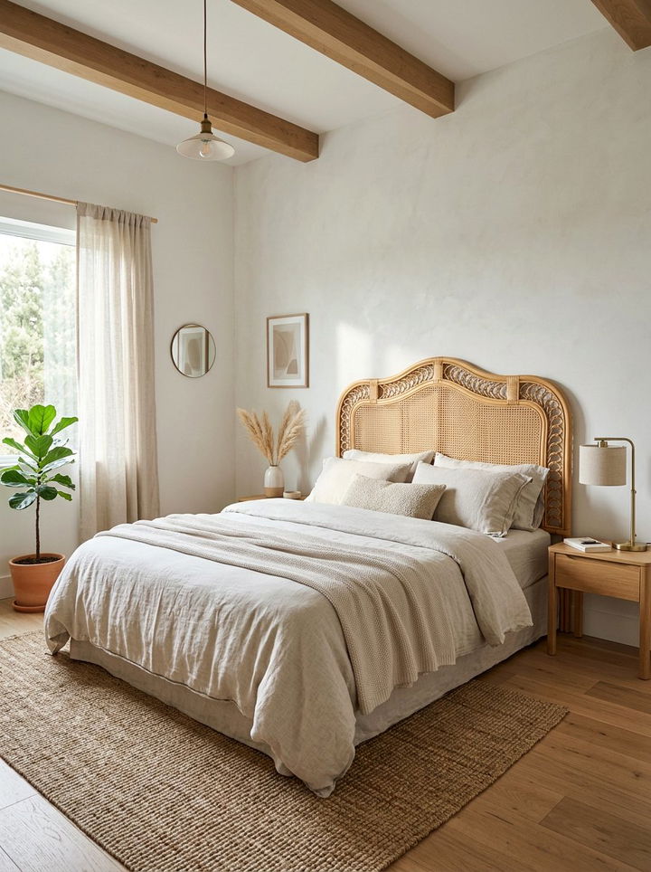 Rattan Headboard - 30 soft minimalist bedroom ideas