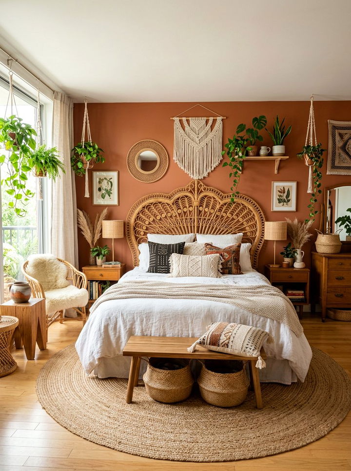 Rattan Headboard - 30 bedroom texture layering ideas