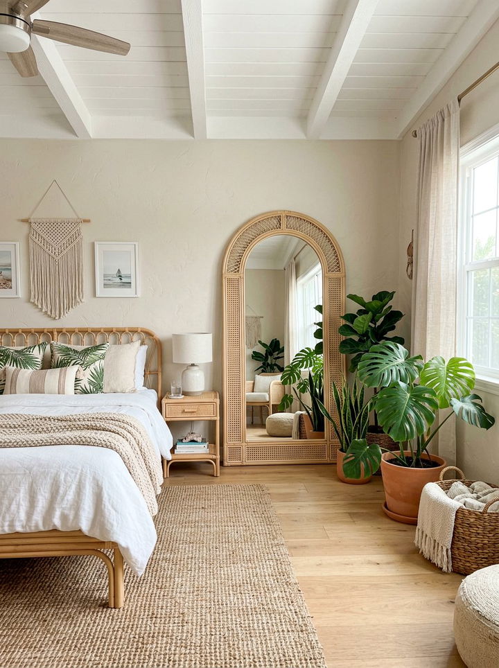 Rattan arched floor mirror - 30 bedroom leaning mirrors