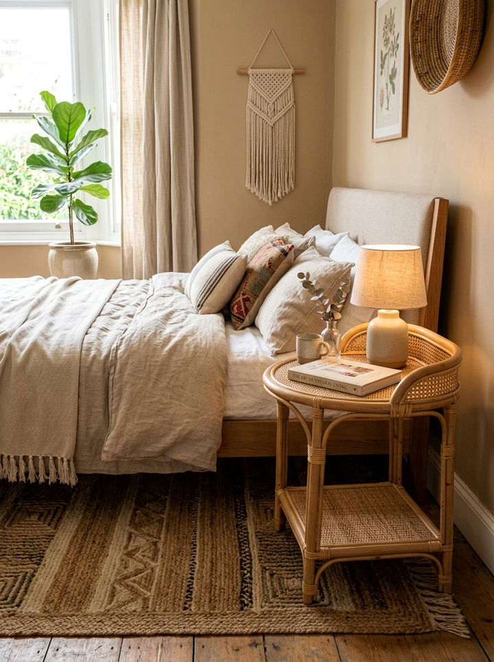 Rattan bedside table - 30 beige bedroom furniture ideas