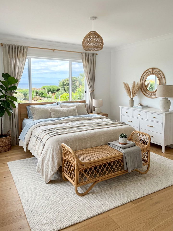 Rattan bench end of bed - 30 rustic white bedroom ideas