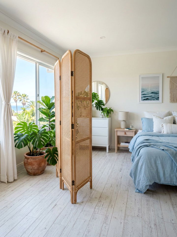 Rattan folding screen - 30 bedroom divider ideas