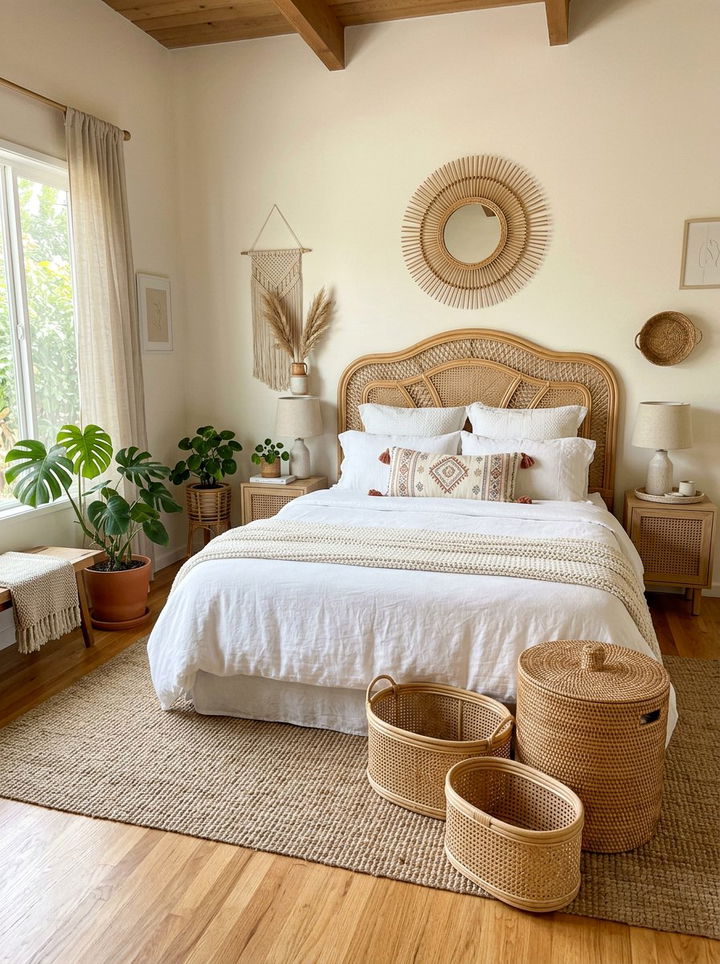 Rattan texture accents - 30 calming bedroom ideas