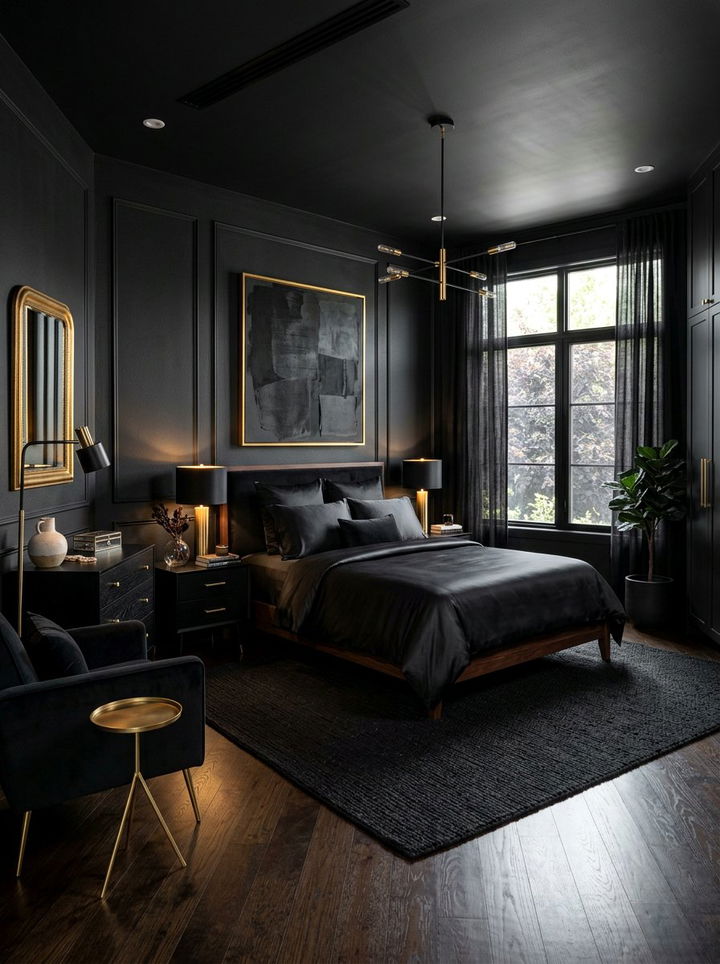 Raven Black Monochromatic Bedroom - 30 dark color bedroom ideas