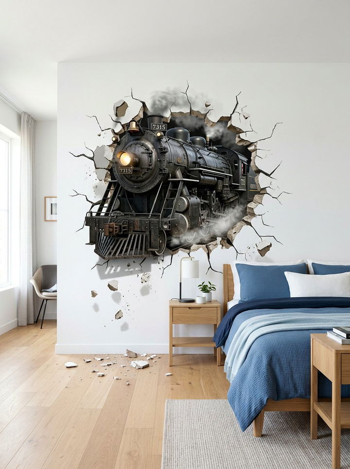 Realistic 3D Train Wall Decal - 30 train bedroom ideas