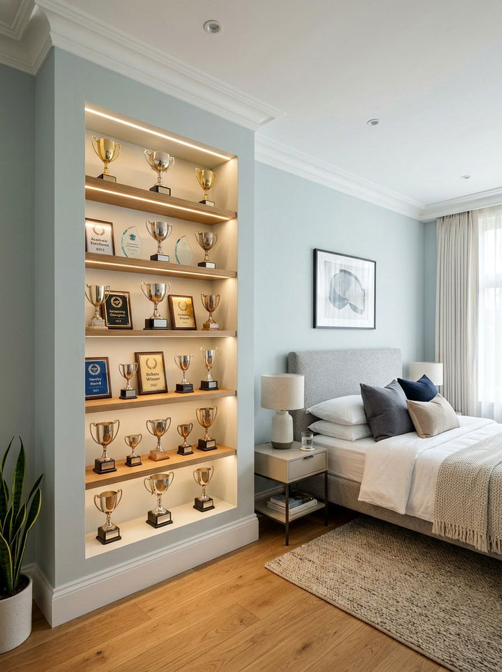 Recessed shelving unit - 30 bedroom trophy display ideas