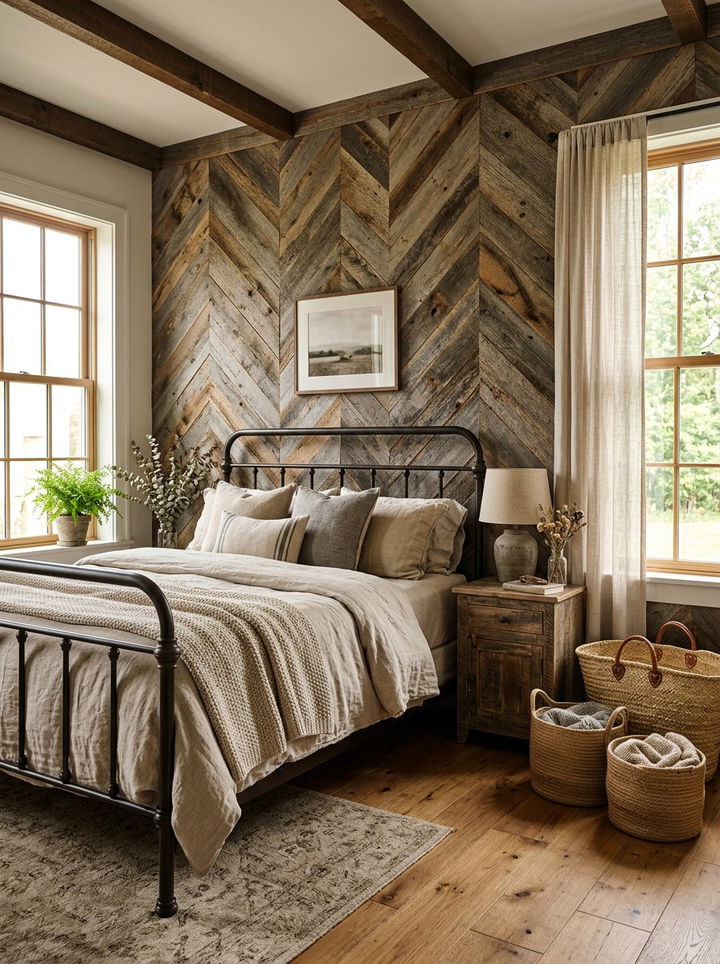 Reclaimed Barn Wood Chevron Wall - 30 bedroom chevron wall ideas