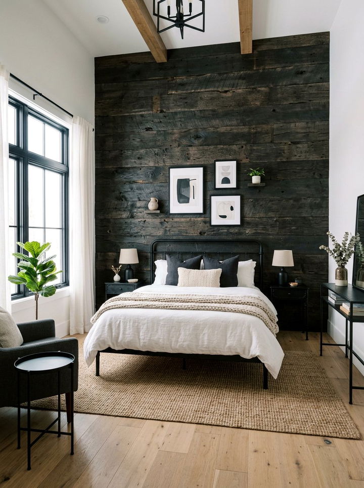 Reclaimed Wood Accent Wall - 30 industrial black bedroom ideas
