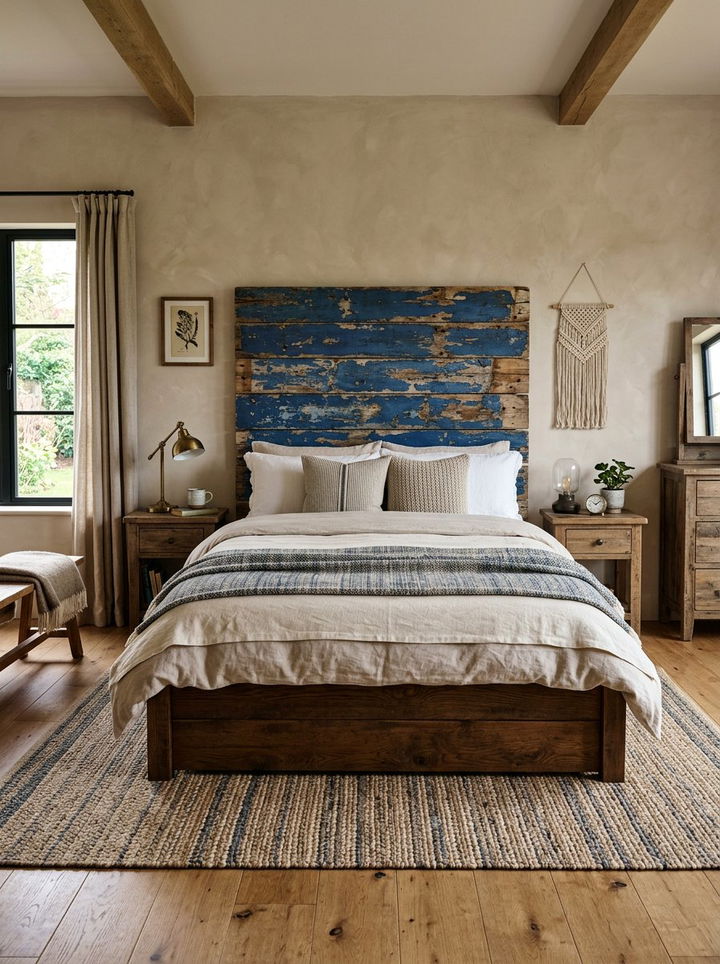 Reclaimed Wood Blue Headboard - 30 rustic blue bedroom ideas