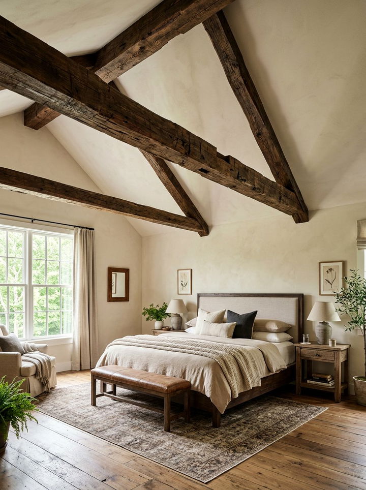 Reclaimed Wood Ceiling Beam - 30 farmhouse beige bedroom ideas