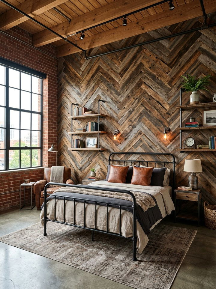 Reclaimed Wood Herringbone Wall - 30 bedroom herringbone wall ideas