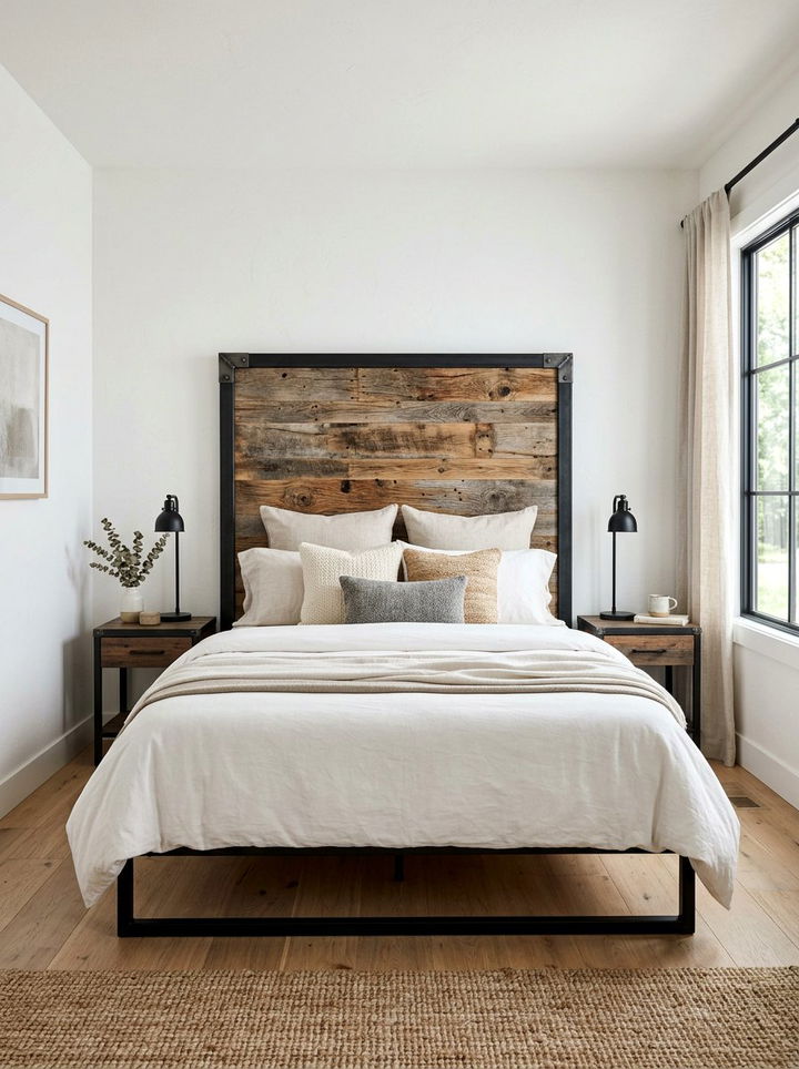 Reclaimed wood headboard black frame - 30 farmhouse black bedroom ideas