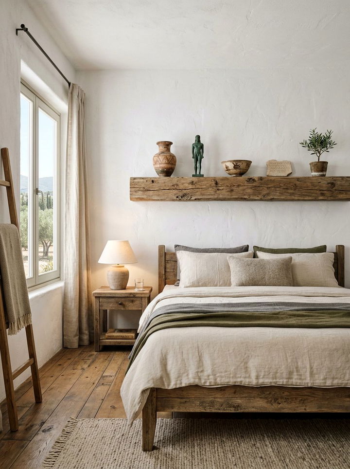 Reclaimed wood shelf bedroom - 30 Greek bedroom ideas