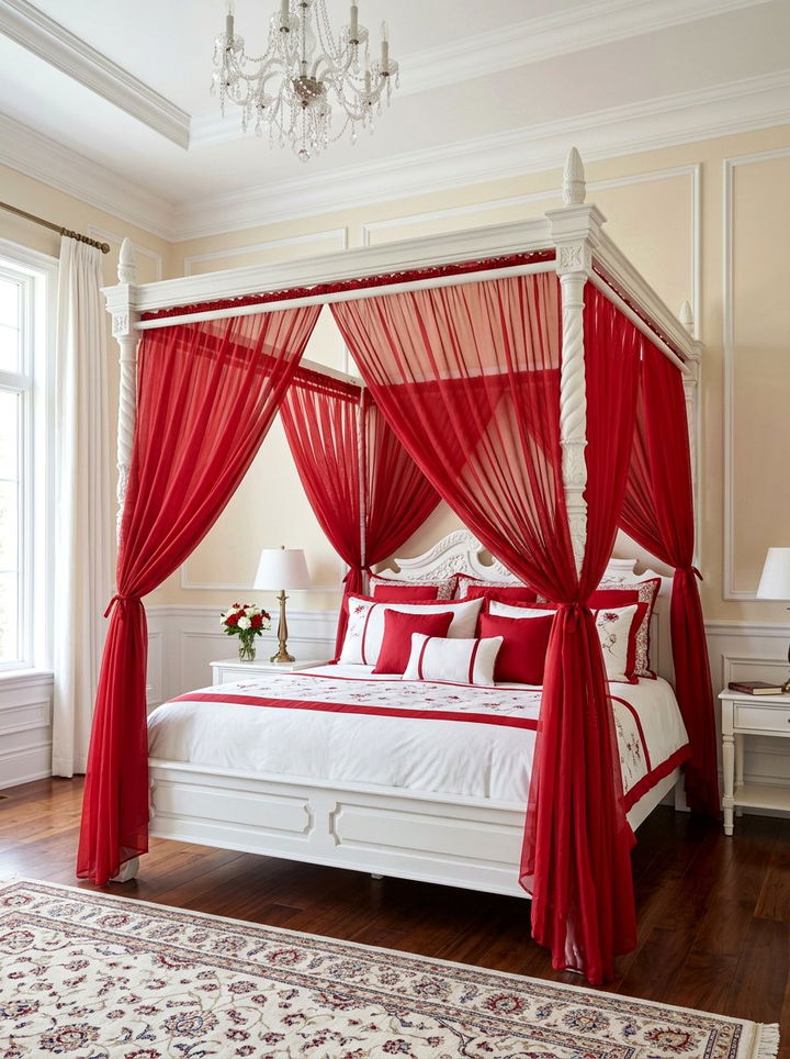 Red White Canopy Bed - 30 red and white bedroom color combo