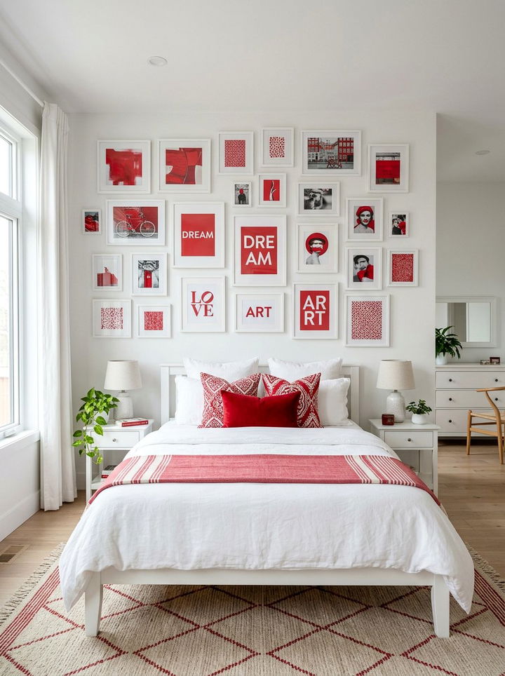 Red White Gallery Wall - 30 red and white bedroom color combo