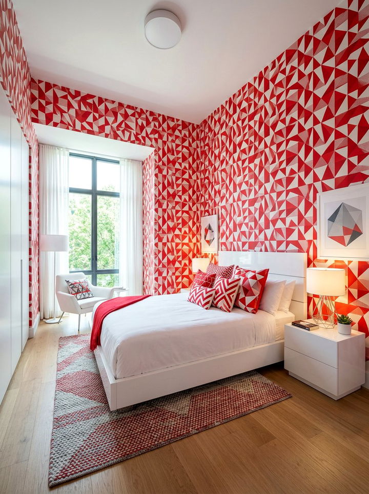 Red White Geometric Pattern Bedroom - 30 red and white bedroom ideas