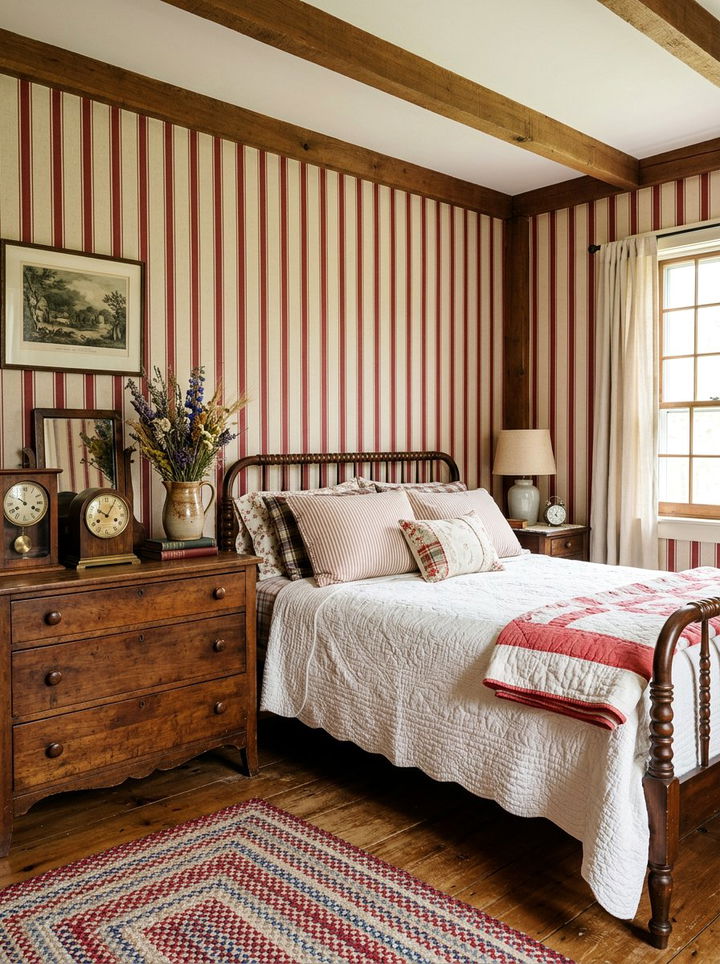 Red and cream farmhouse stripe - 30 bedroom striped wallpapers
