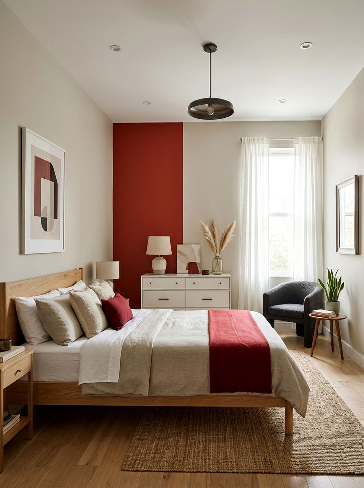 Red and neutral color block - 30 bedroom color blocking ideas