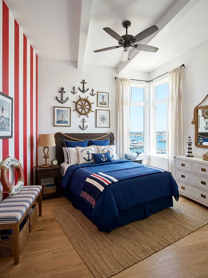 Red and white nautical stripes - 30 bedroom striped wall ideas