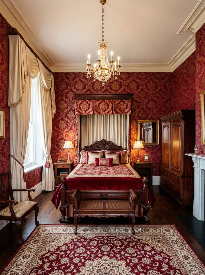 Red damask wallpaper - 30 bedroom damask wallpapers