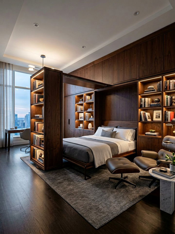 Revolving wall bed bookcase - 30 bedroom convertible furniture ideas