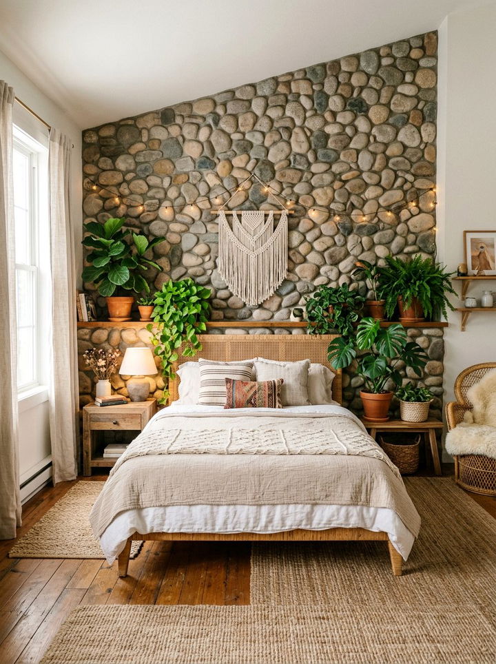 River Rock Wall - 30 bedroom stone wall ideas