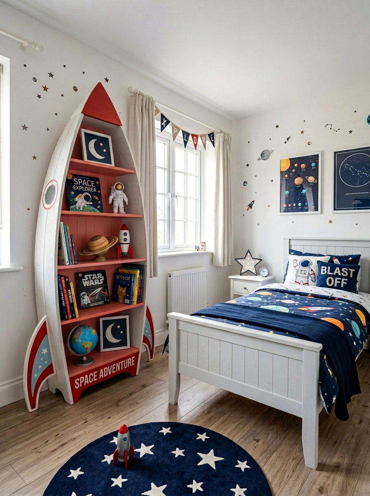 Rocket Shape Bookshelf - 30 space themed bedroom ideas