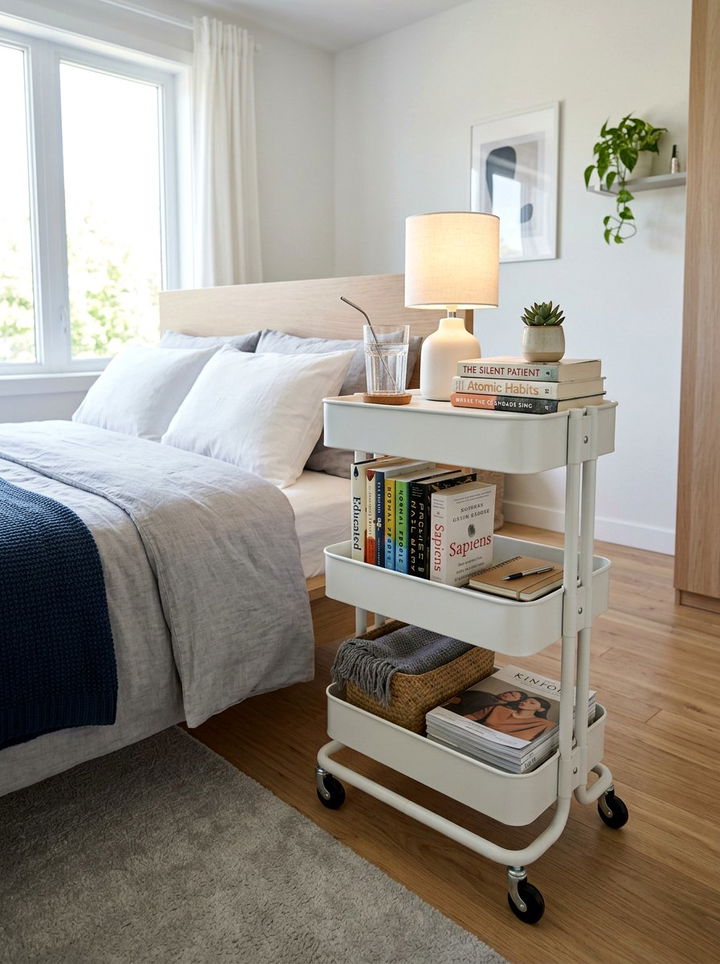 Rolling Cart Bedside Table - 30 bedroom clever storage ideas