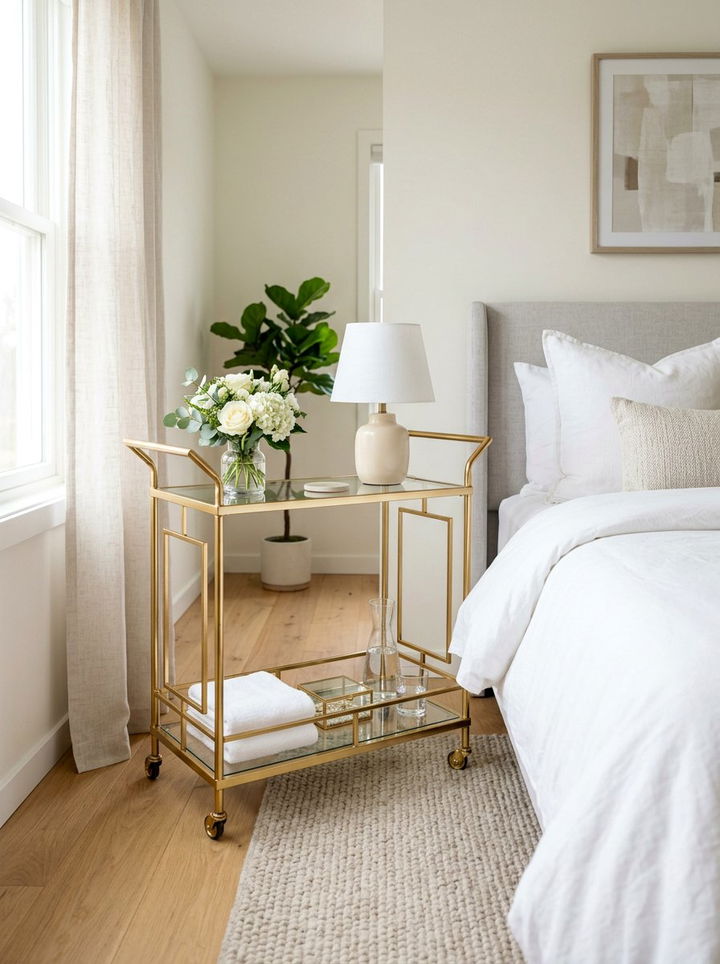 Rolling bar cart nightstand - 30 no drill bedroom ideas