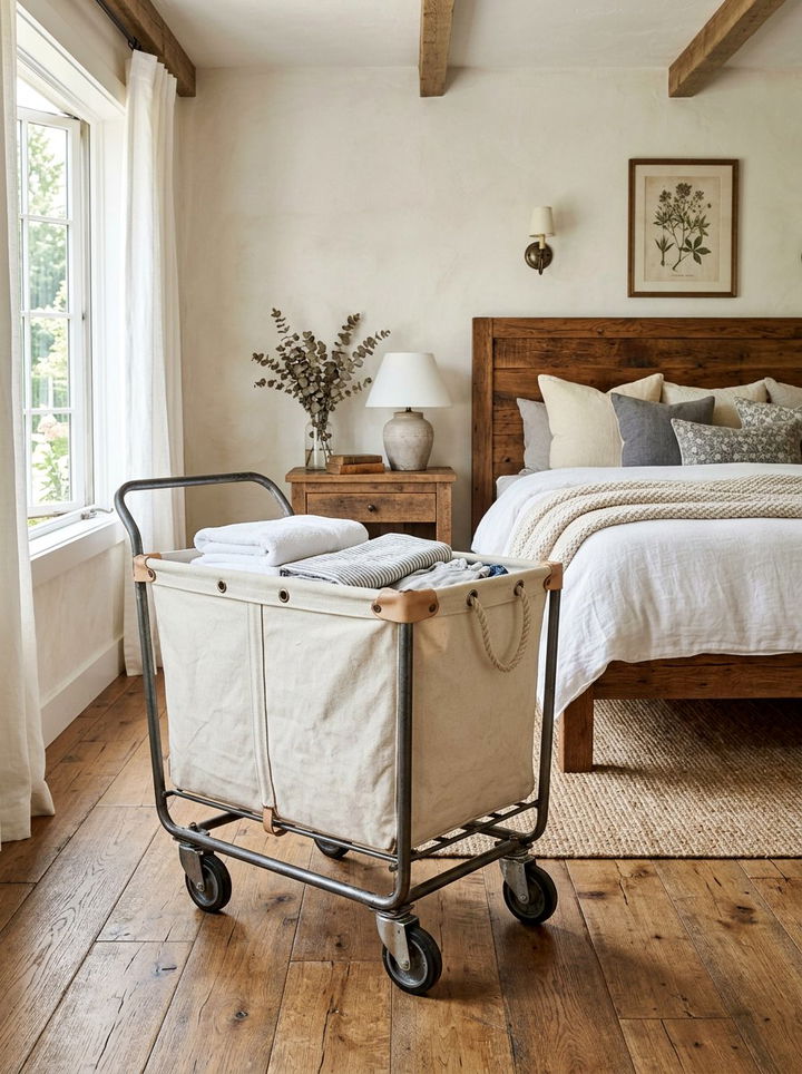 Rolling laundry cart - 30 bedroom dirty clothes storage ideas