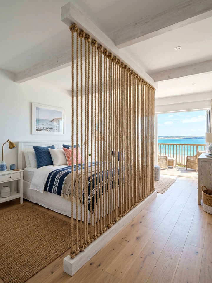 Rope wall partition - 30 bedroom divider ideas