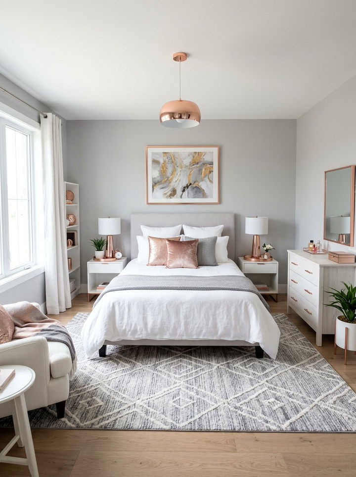 Rose Gold Grey White Bedroom - 30 tricolor bedroom ideas