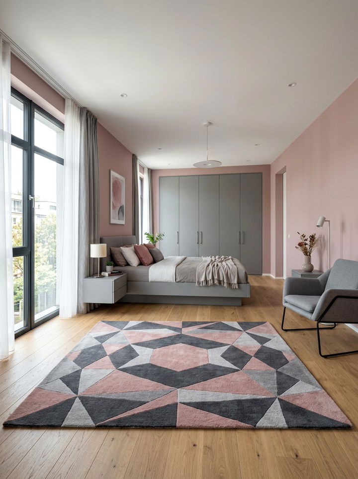 Rose and gray geometric rug - 30 dusty rose and gray bedroom ideas
