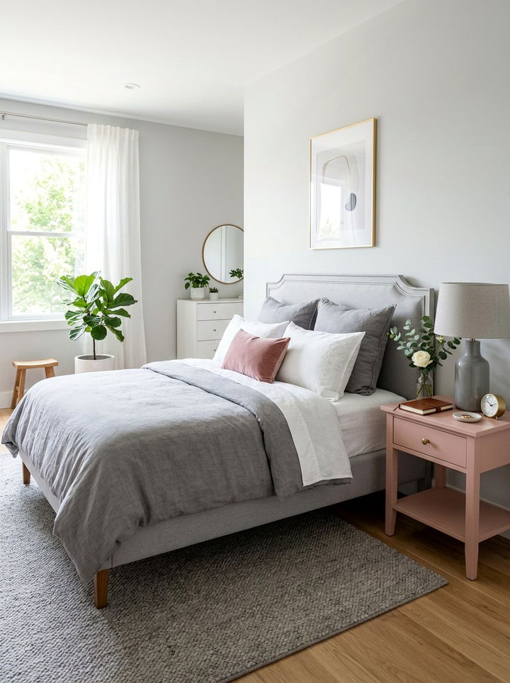 Rose colored nightstand - 30 dusty rose and gray bedroom ideas