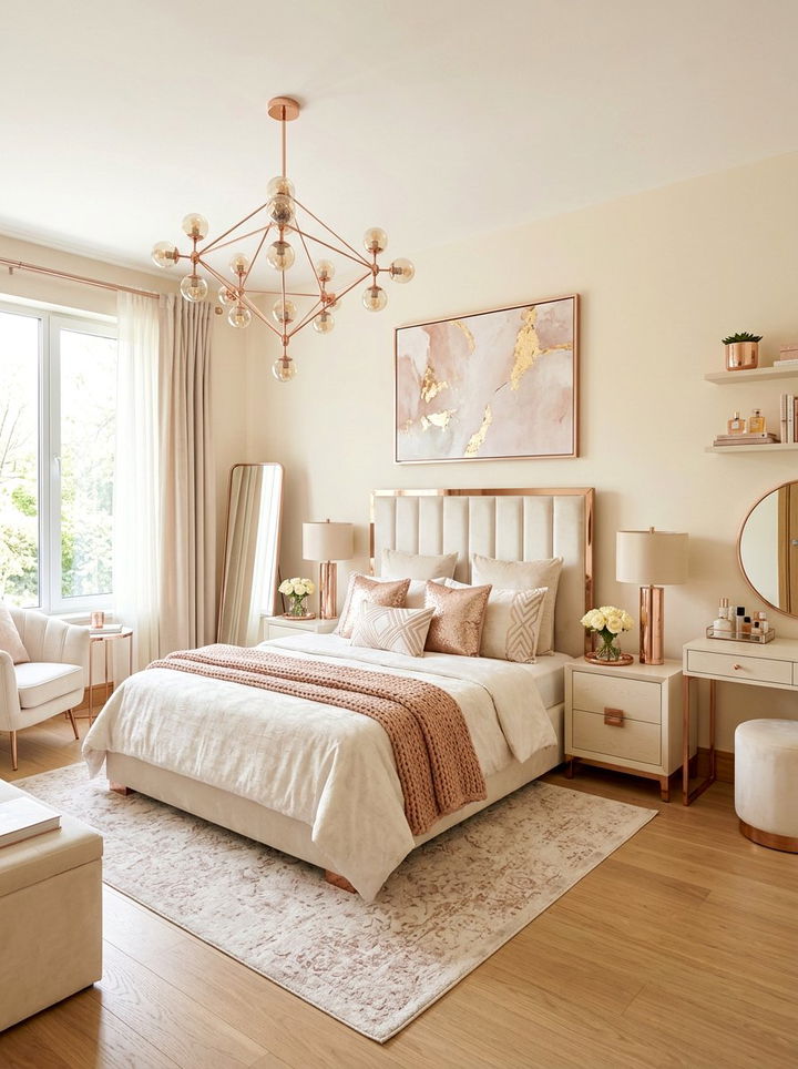 Rose gold and ivory bedroom - 30 sunset inspired bedroom color ideas
