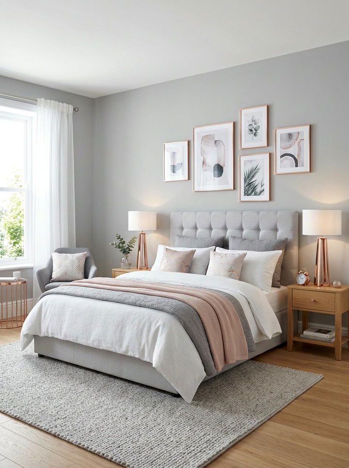 Rose gold metal accents - 30 dusty rose and gray bedroom ideas