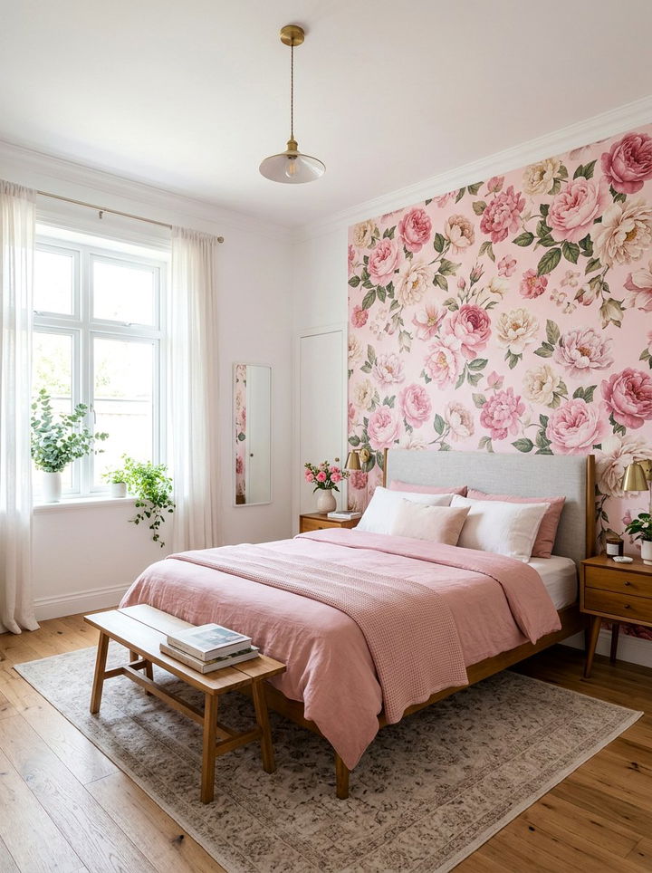 Rose pink floral wallpaper - 30 rose pink bedroom ideas