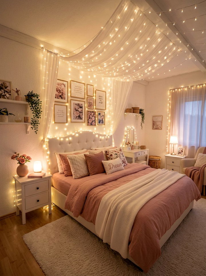 Rose pink white fairy light bedroom - 30 pinkish white bedroom ideas