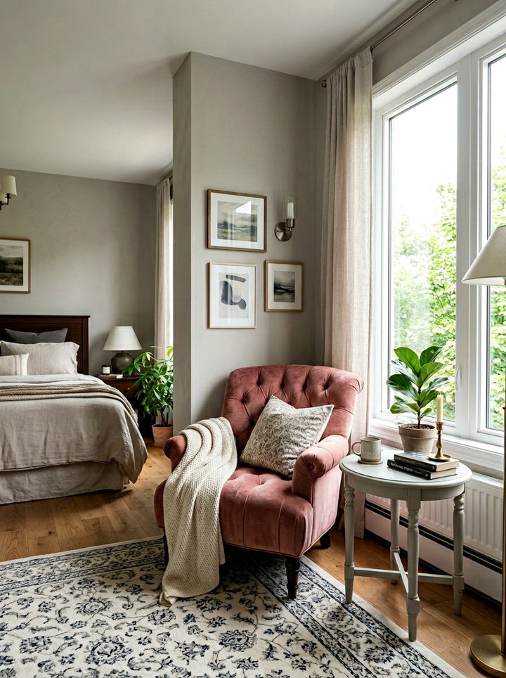 Rose velvet armchair - 30 dusty rose and gray bedroom ideas