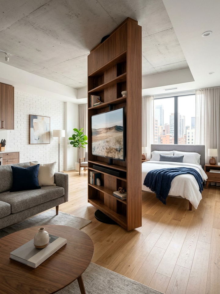 Rotating TV stand - 30 bedroom divider ideas